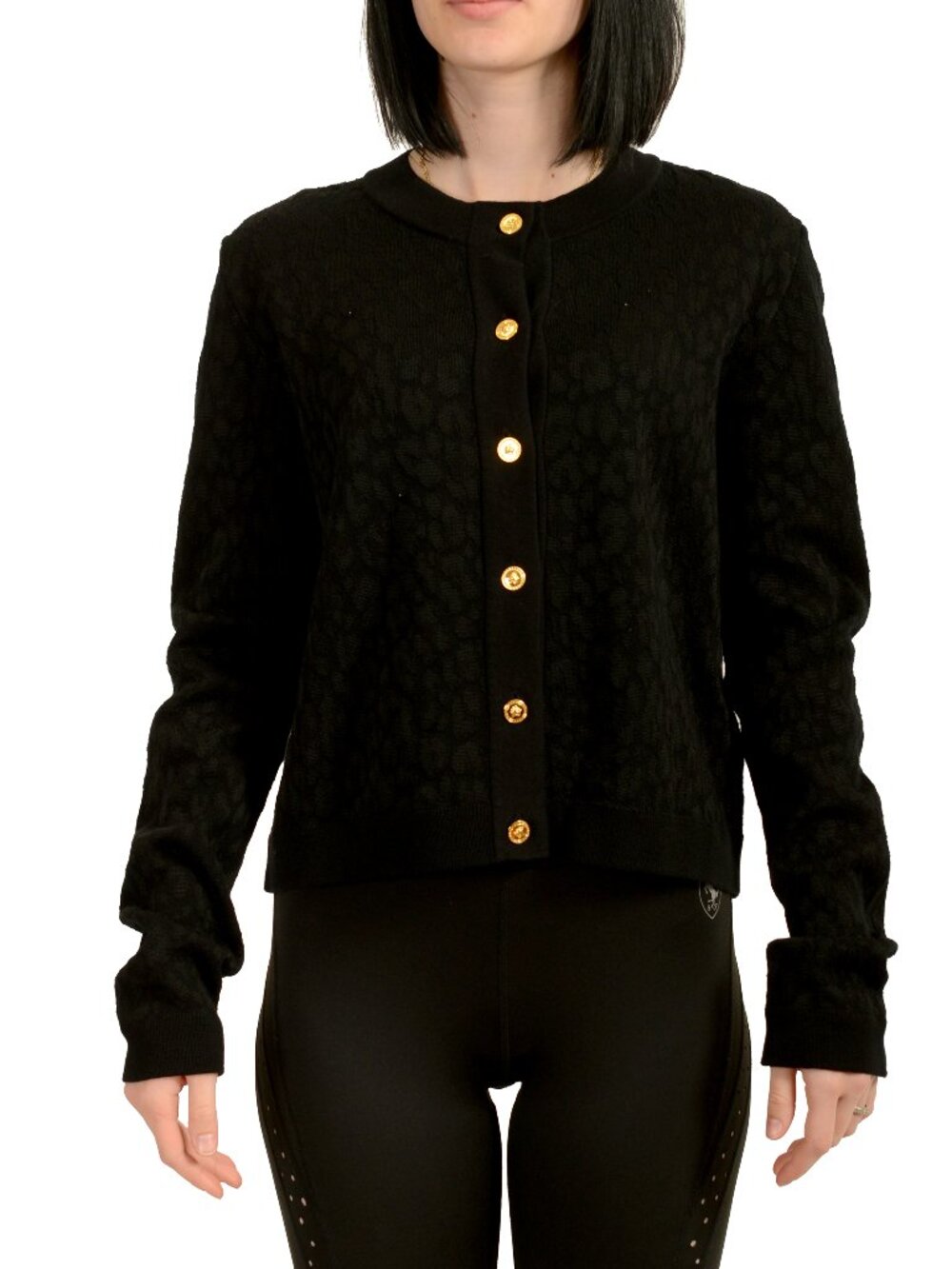 Versace Women's Black Leopard Jacquard Knit Cardigan Sweater US M IT 42